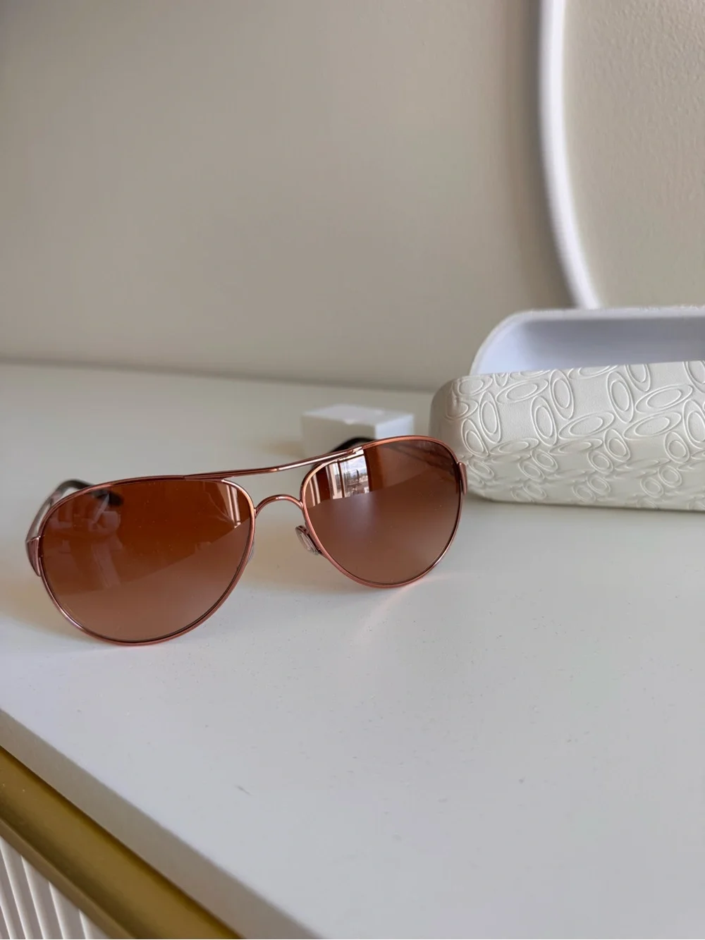 Oakley Women Brown Lens Rose Gold Frame Aviator Sunglasses